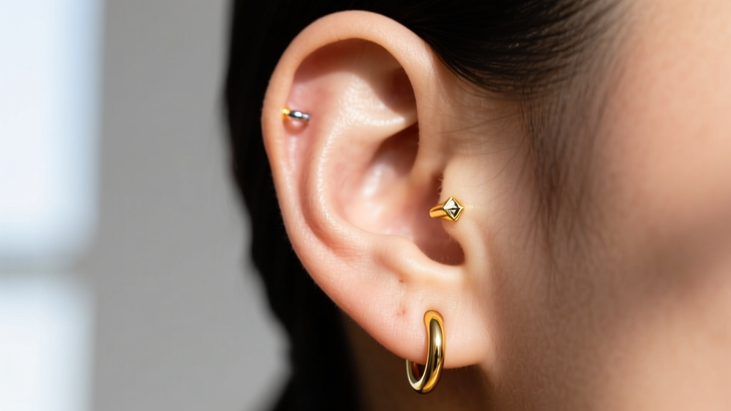 Side profile of an ear showing a healed helix piercing adorned with a 16-gauge solid 14k yellow gold seamless clicker hoop