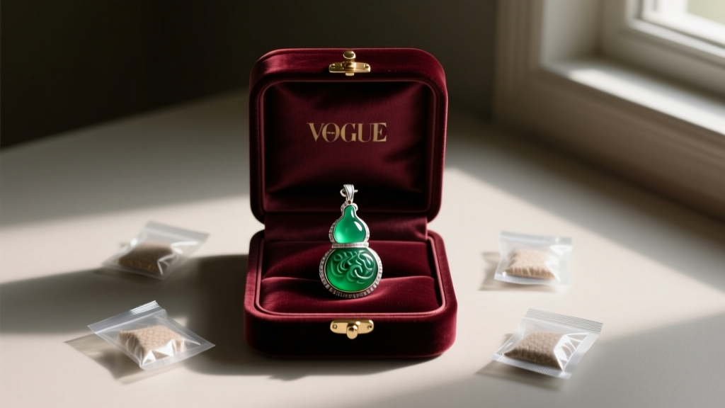 Open velvet-lined jewelry box containing a Gaara gourd pendant, surrounded by anti-tarnish silica gel packets in a dim room