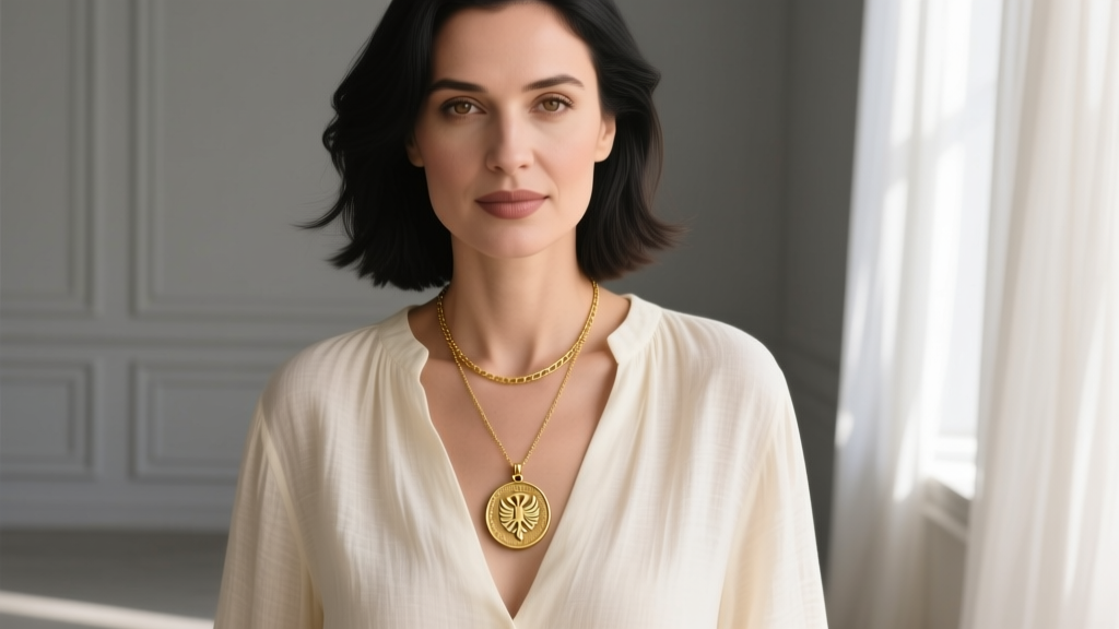 Woman layering a delicate 14k gold Albanian coin pendant necklace with a modern 2mm paperclip chain over a cream linen blouse.