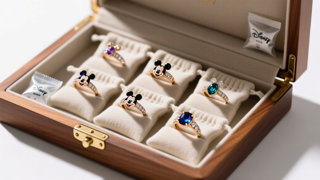 Anti-tarnish microfiber pouches holding delicate Disney rings, stored inside a lined wooden jewelry box with silica gel packets.
