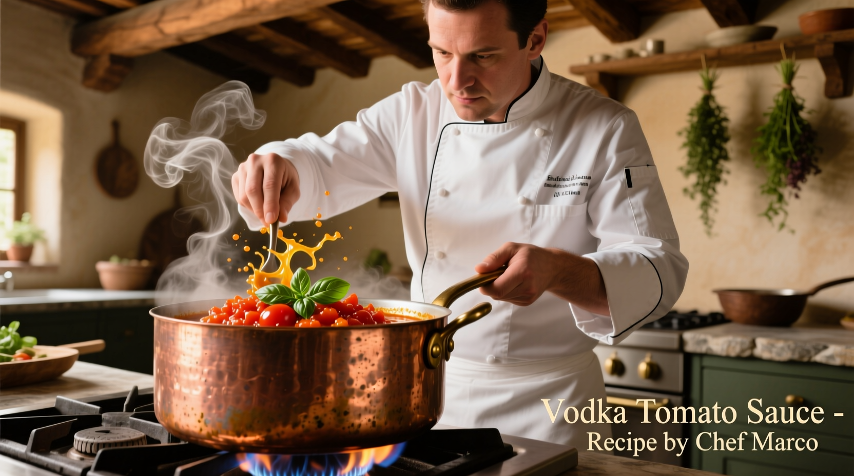 Chef preparing vodka tomato sauce in copper pot