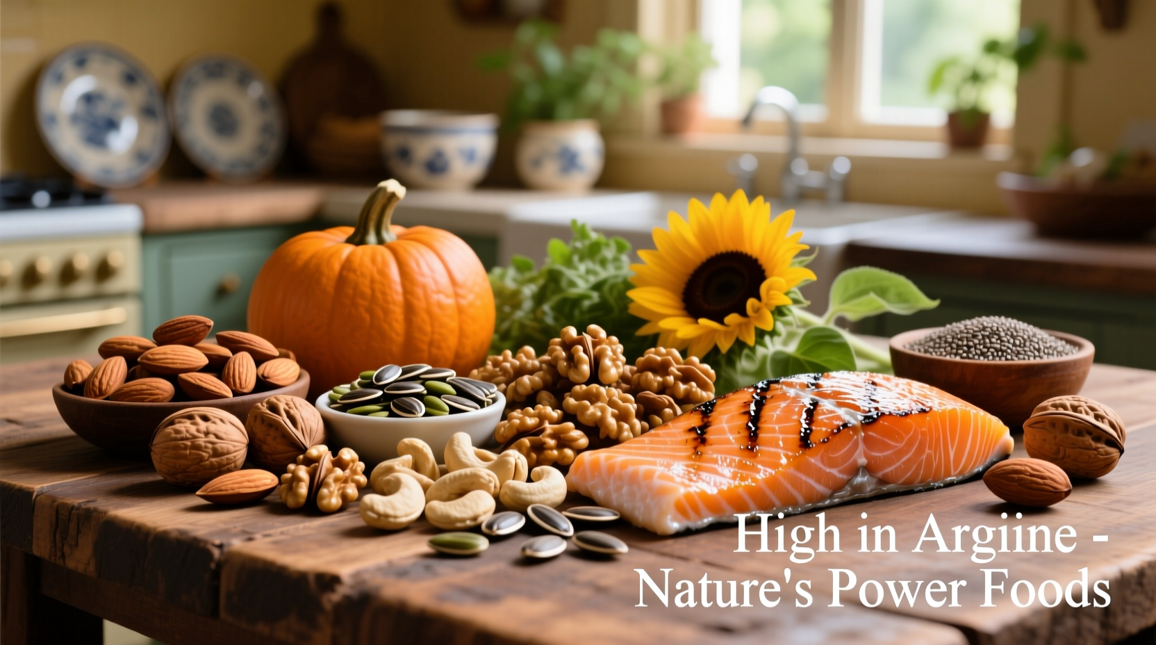 Colorful display of arginine-rich foods including seeds, nuts, and fish