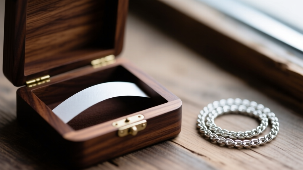 Macro photo of a small white anti tarnish strip resting inside a dark wood jewelry box next to a bright sterling silver chain