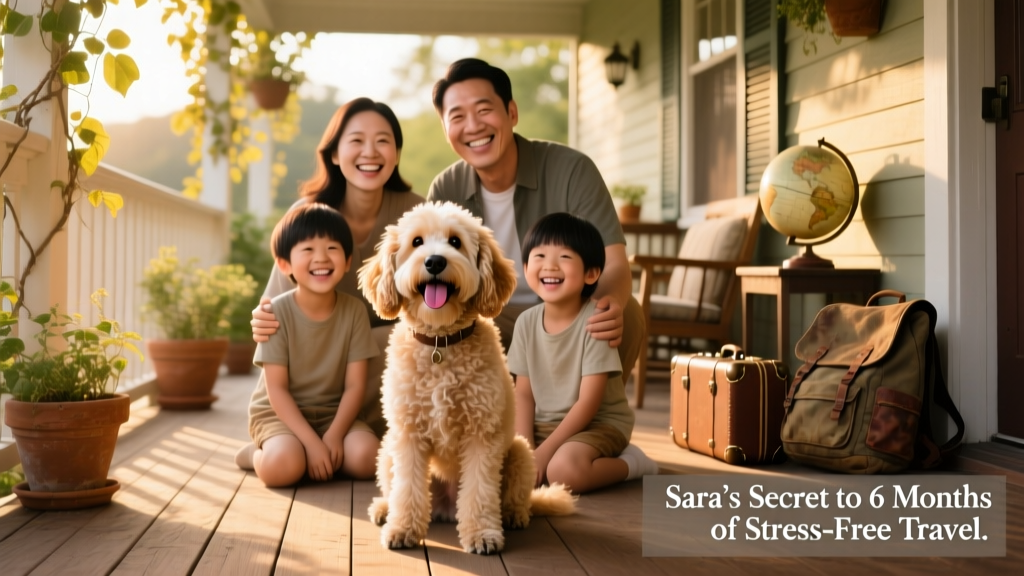 A cheerful family photo with Cav Dog front and center, smiling on a sunlit porch