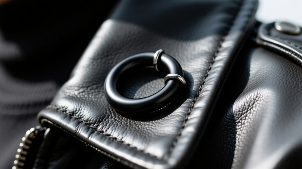 Macro shot of a 16-gauge titanium helix hoop with a matte black finish, resting against a dark leather tactical jacket collar