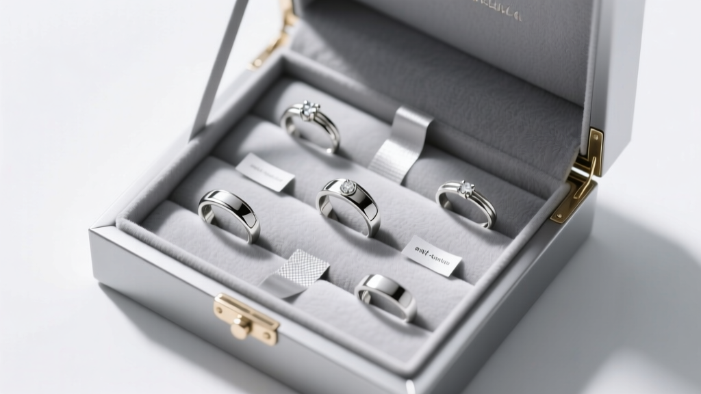 Overhead view of an open keepsake box lined with gray Pacific Silvercloth, holding sterling silver rings and anti-tarnish strips.