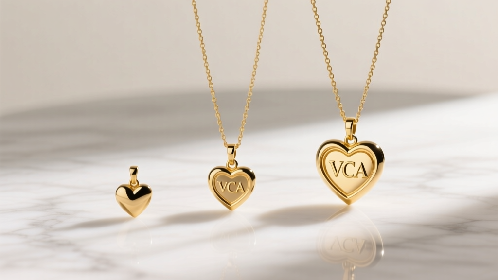 Three VCA Frivole gold necklaces on a marble surface, showing small, medium, and large heart pendants under soft studio lighting.