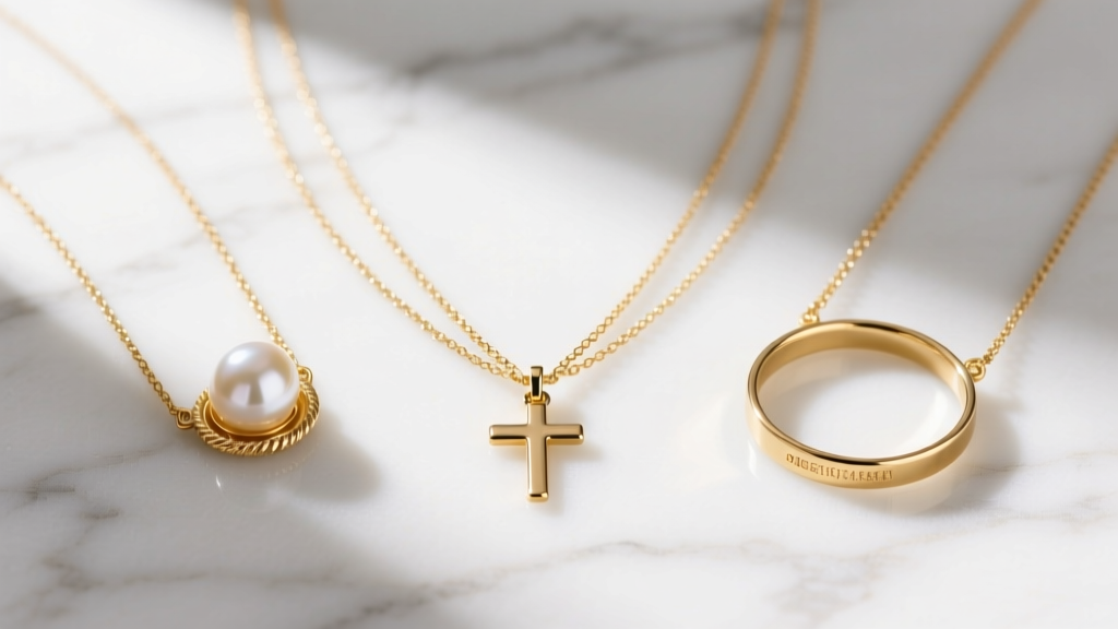 Flat lay of three layered gold necklaces of varying lengths featuring a tiny cross pendant and a pearl on a white marble surface.