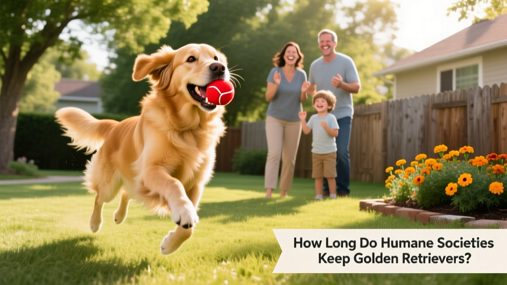 Happy Golden Retriever playing fetch in a sunny backyard with their new adoptive family