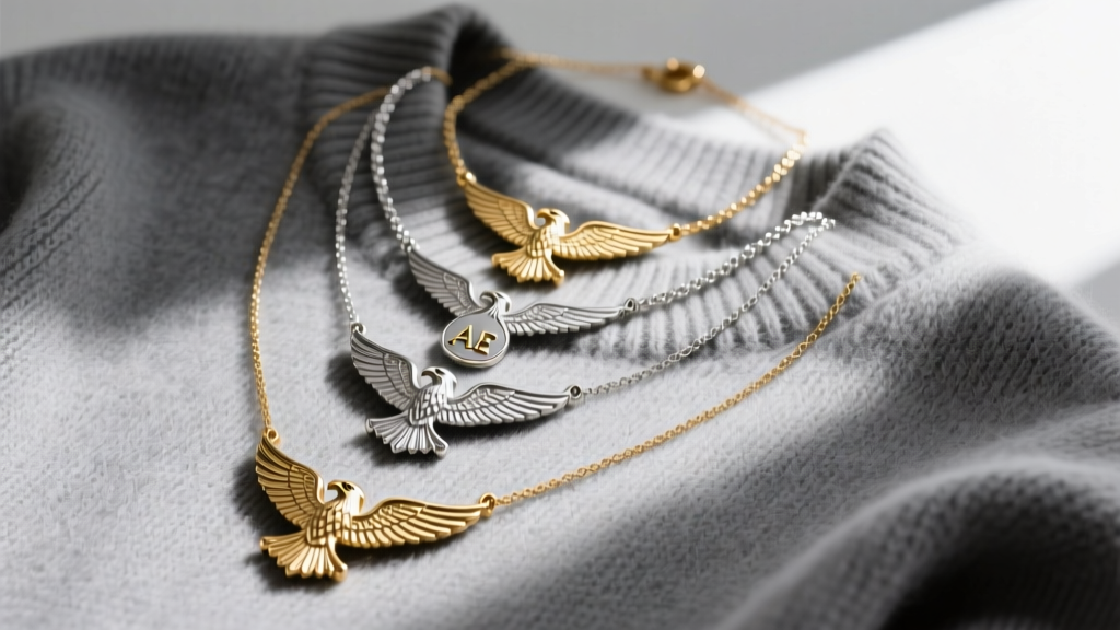 Flat lay of layered AE necklaces featuring eagle motifs and initial pendants, styled elegantly over a soft grey cashmere sweater.