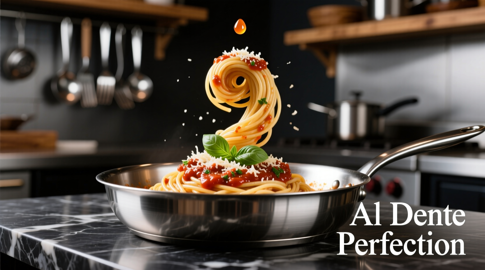 Perfectly cooked spaghetti in a professional chef's pan