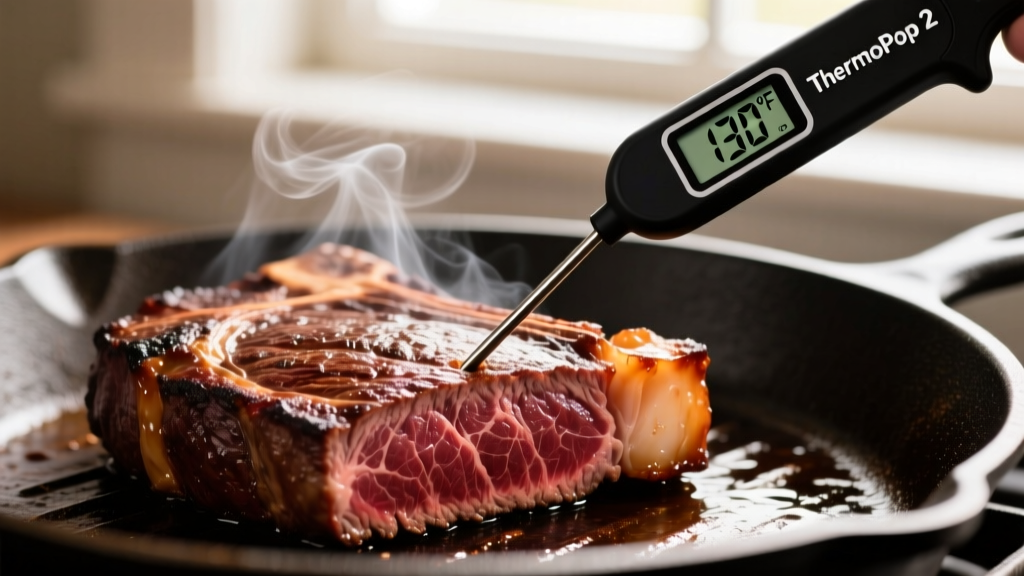 Close-up of a digital ThermoWorks ThermoPop 2 thermometer piercing a thick reverse-seared ribeye steak on a cast iron skillet