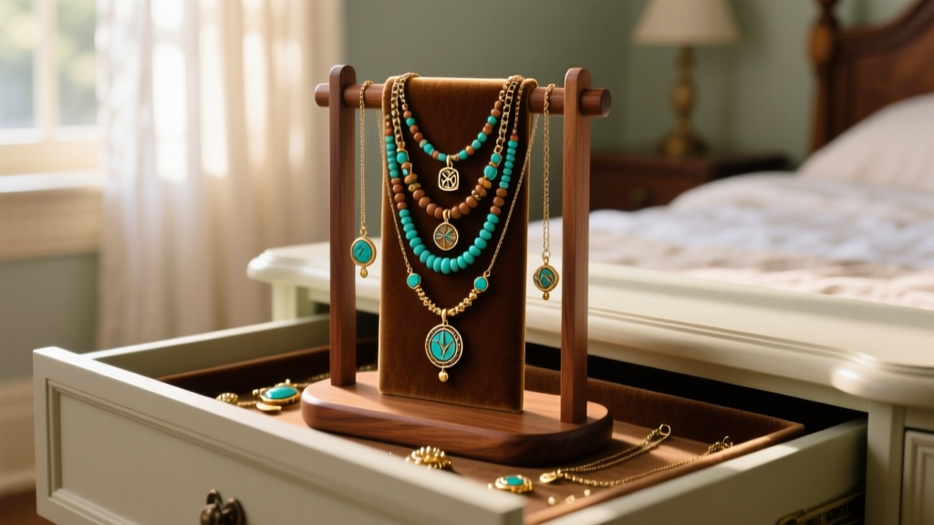 Multiple layered Pura Vida charm necklaces hanging neatly on a velvet-lined wooden jewelry stand inside a softly lit bedroom drawer.