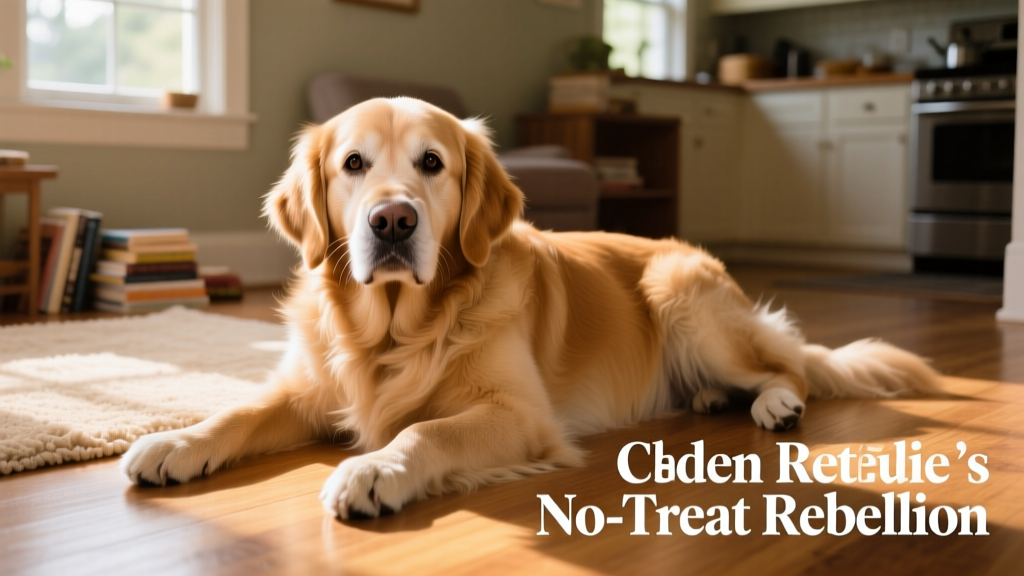 Senior Golden Retriever Charlie lying on the floor with expressive, pleading eyes