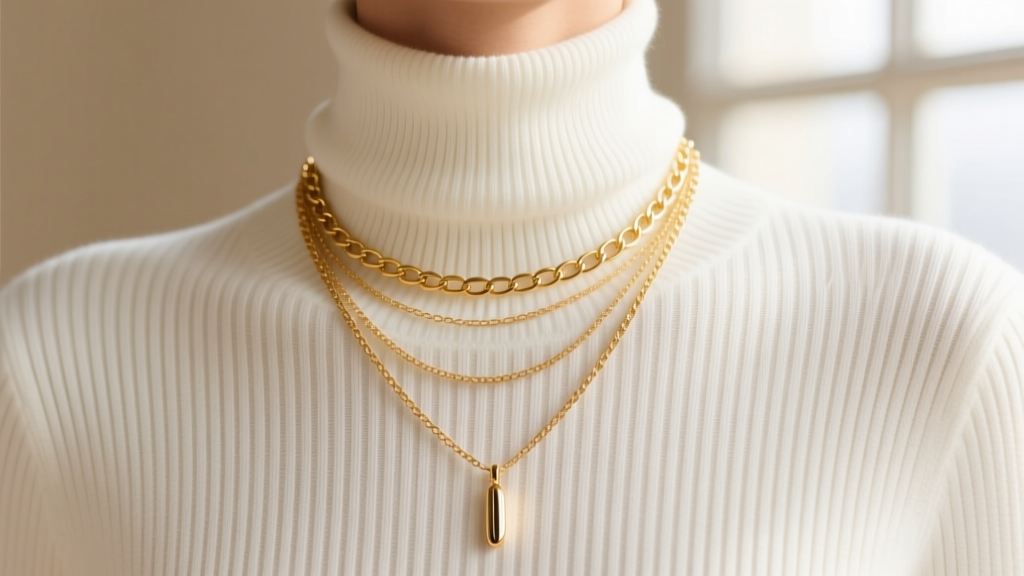 Layered necklace stack with a 16-inch dainty gold chain and an 18-inch pendant worn over a crisp white ribbed turtleneck sweater