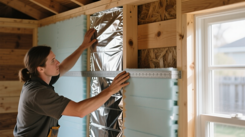 Worker installing silver reflective foil and rigid foam insulation boards inside the wooden wall studs of a backyard chicken coop