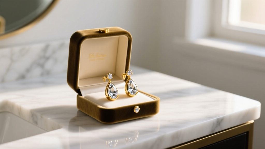 Open velvet box on marble vanity revealing gold-tone teardrop earrings with clear crystal accents, bathed in warm morning light.