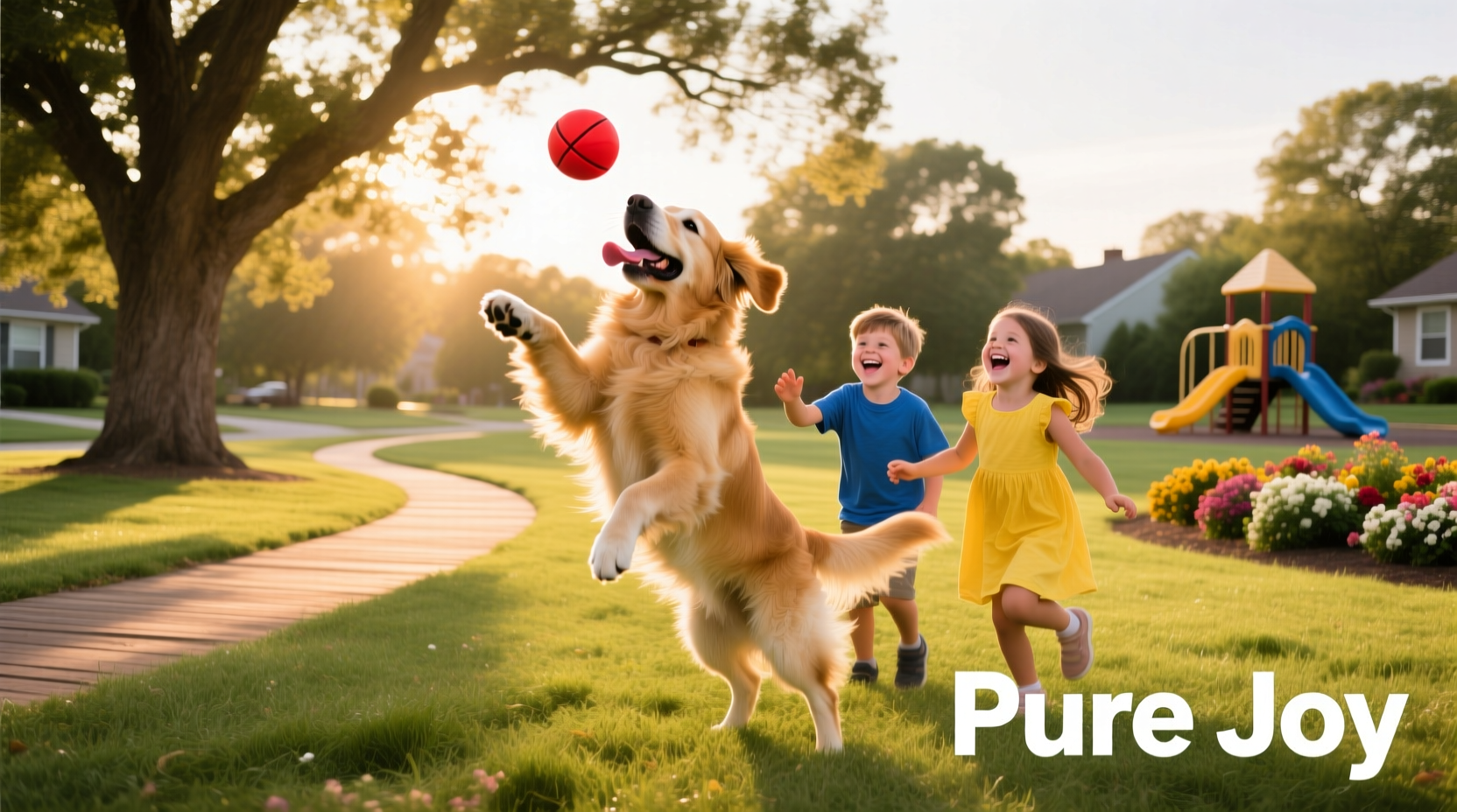 Golden retriever playing with children in park