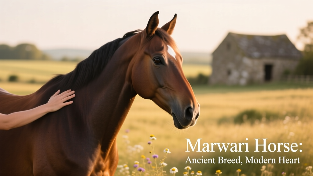 Bay Marwari horse posing calmly in hand, showcasing distinctive inward-curving ears and refined profile