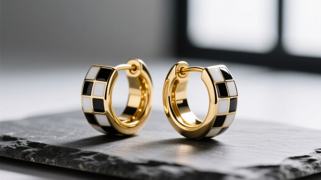 Macro of gold vermeil huggie earrings with black and white enamel checkered pattern on slate, lit to show glossy finish.