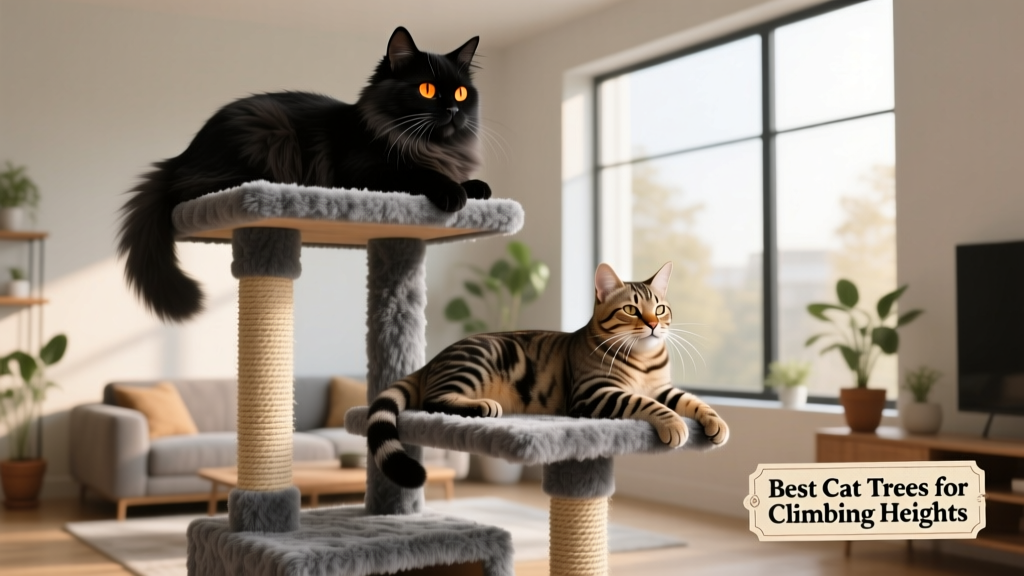 Two large cats relaxing on different levels of a heavy-duty gray cat tree with faux fur and sisal posts