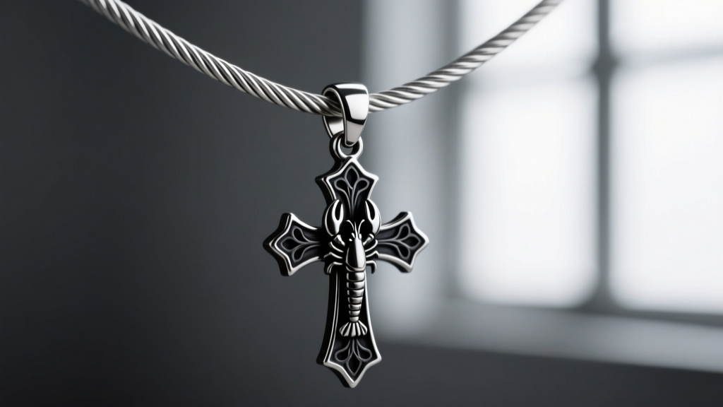 Close-up of a 1.5mm stainless steel cable chain with a secure lobster clasp attached to a dark gothic cross pendant.