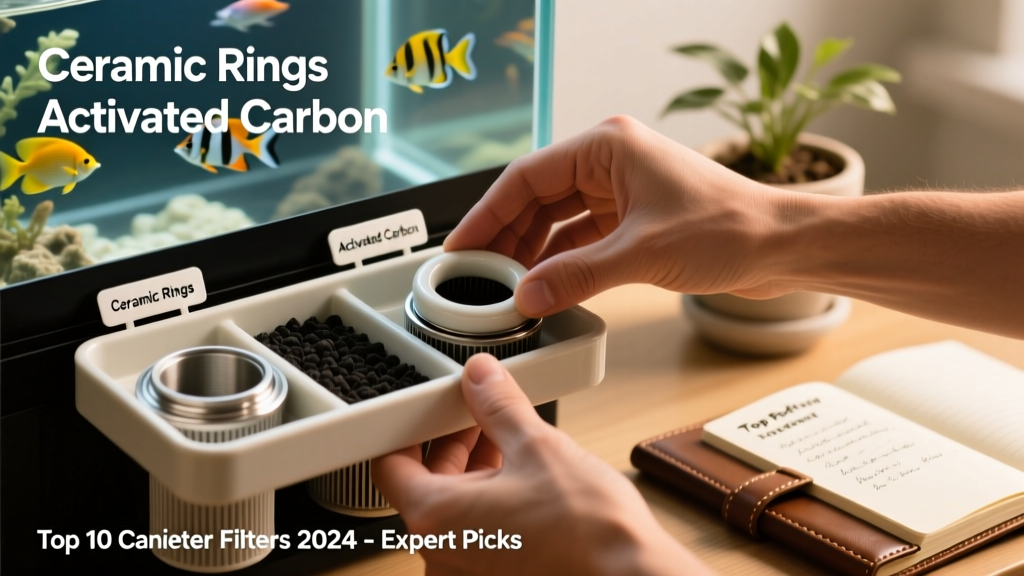 Close-up of hands installing ceramic rings and activated carbon into a FurPetVo Cascade canister filter’s media tray, with clear labeling visible