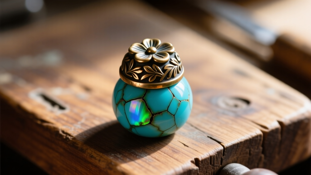 Macro photo of a tarnished brass floral bead cap resting on a cracked turquoise stone bead on a wooden jeweler