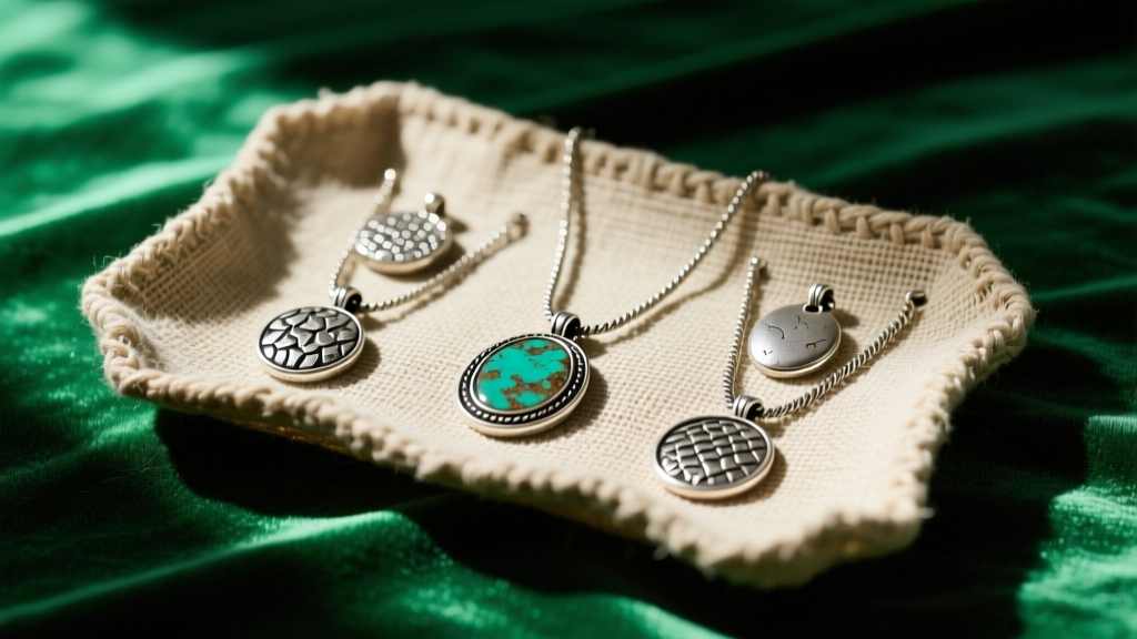 Close-up of raw linen jewelry display tray holding oxidized silver pendants, contrasting with a cheap shiny velvet background