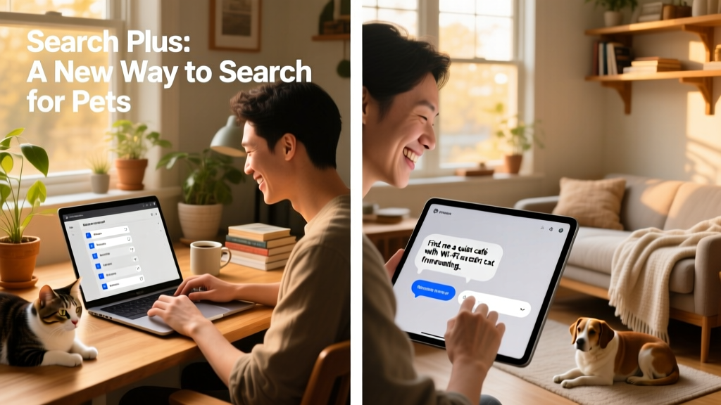 Side-by-side comparison showing traditional filter-based search versus natural-language Search Plus input