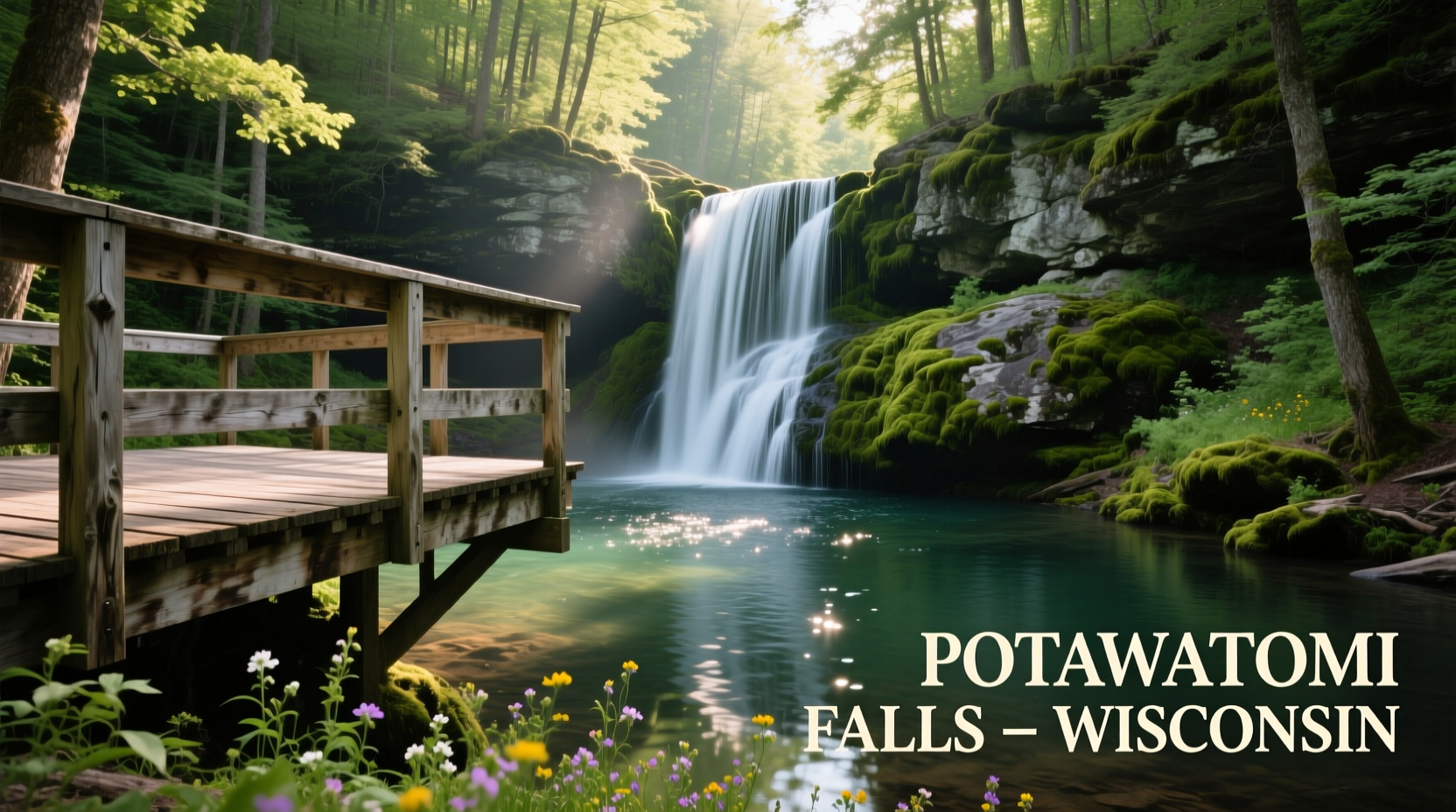 Potawatomi Falls Wisconsin with wooden viewing platform