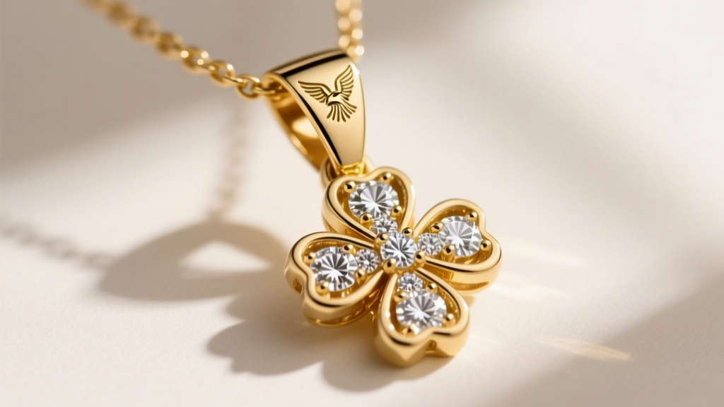 Macro view of a laser-inscribed serial number and eagle head hallmark stamped on the bail of an 18k gold clover diamond necklace