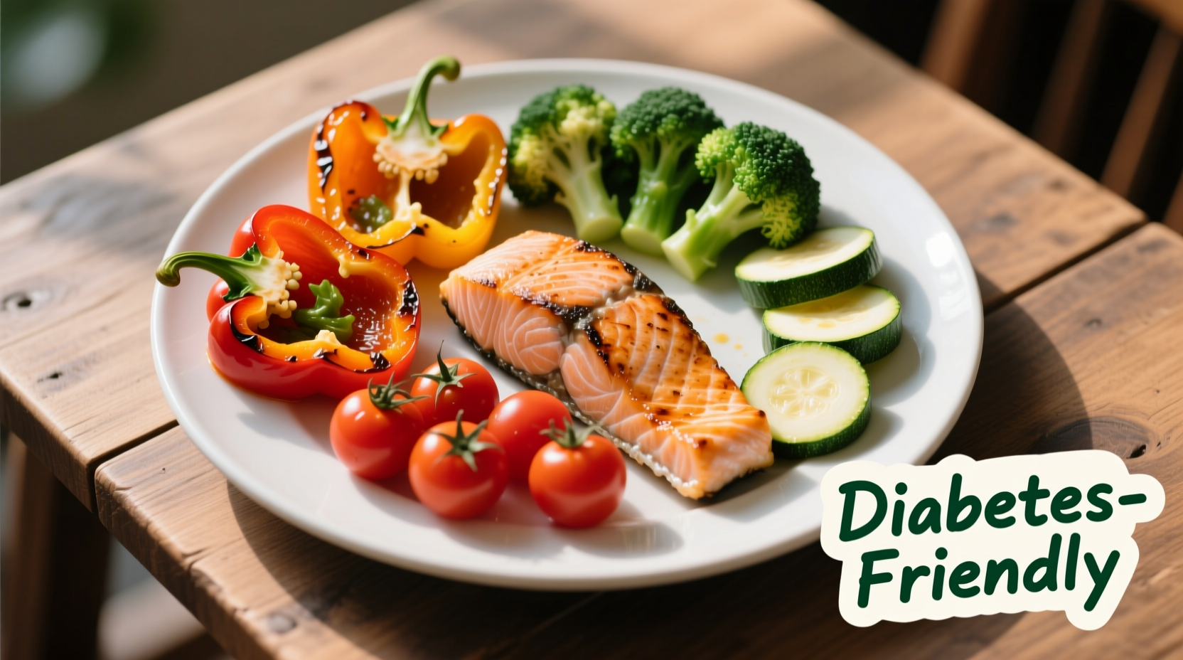 Colorful diabetes-friendly meal plate with vegetables and lean protein