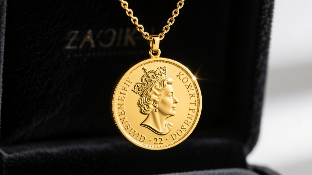 Close-up of a 22k gold half sovereign coin in a polished yellow gold bezel, hanging from a 2.5mm curb chain on dark velvet.