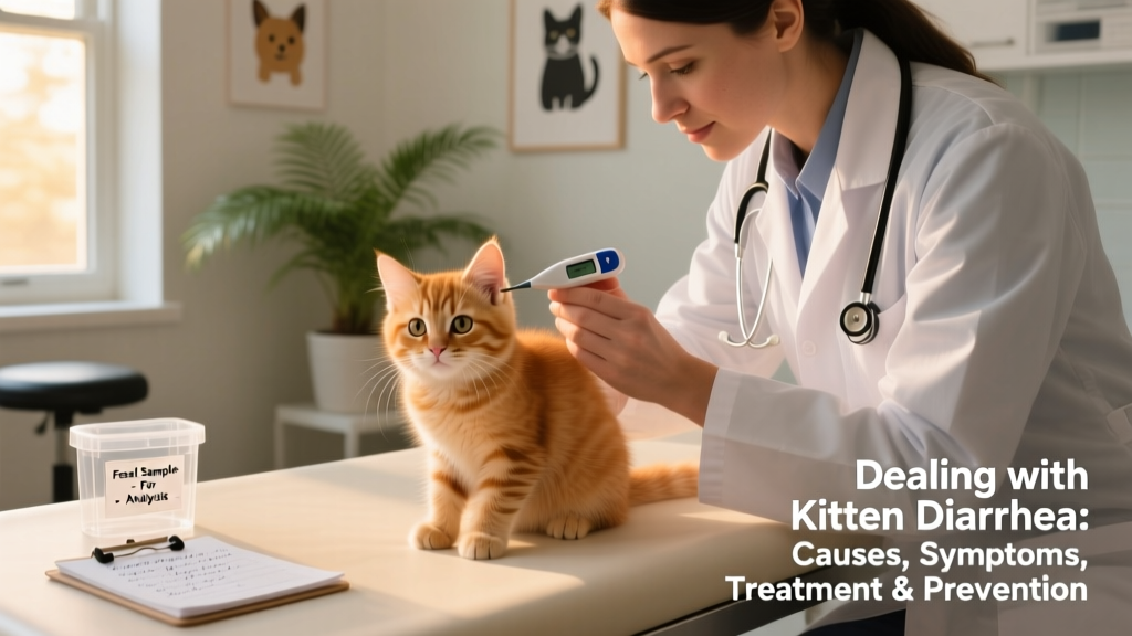 Veterinarian gently examining a calm kitten on an exam table, with a digital thermometer and stool sample kit nearby