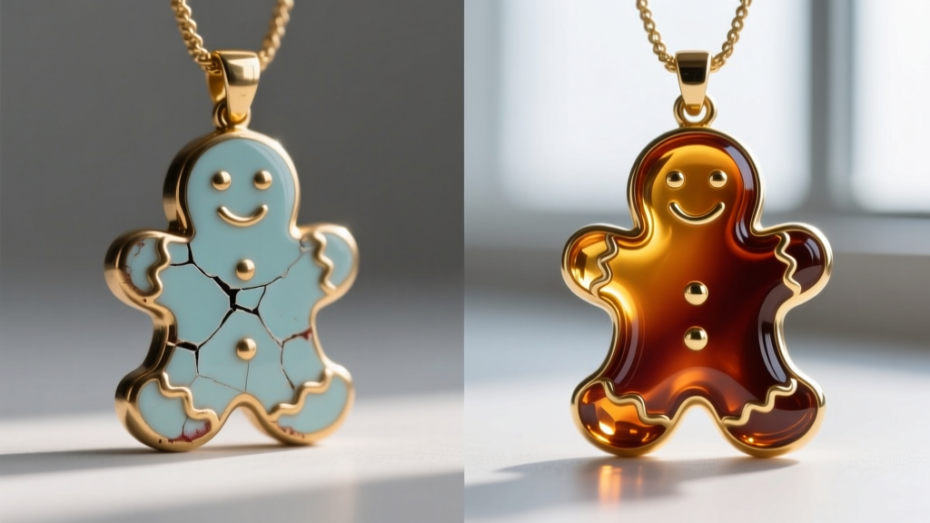 Macro comparison showing chipped cold epoxy enamel on a brass gingerbread pendant next to flawless kiln-fired vitreous enamel