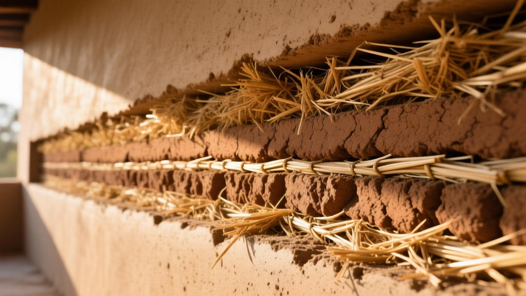 Cross-section of a thick cob building material wall showing embedded straw fibers and layered earth strata in natural sunlight