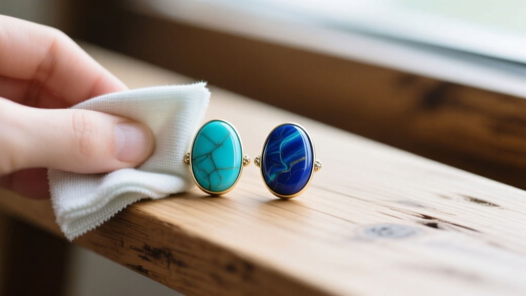 Macro shot of turquoise and lapis lazuli cabochon earrings being gently wiped with a dry microfiber cloth on a wooden bench