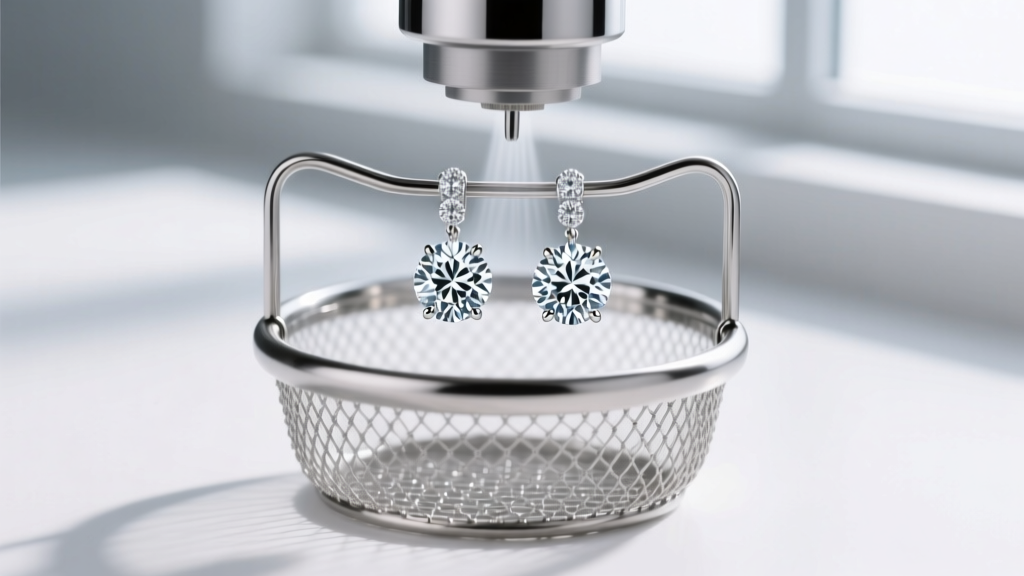 Ultrasonic jewelry cleaner vibrating at 40kHz, safely cleaning diamond stud earrings suspended in a stainless steel mesh basket