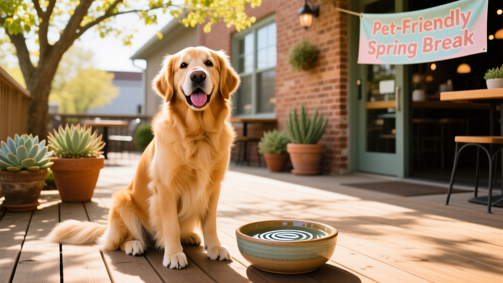 A cheerful golden retriever sitting on a sunny patio at a Nashville café with a water bowl nearby