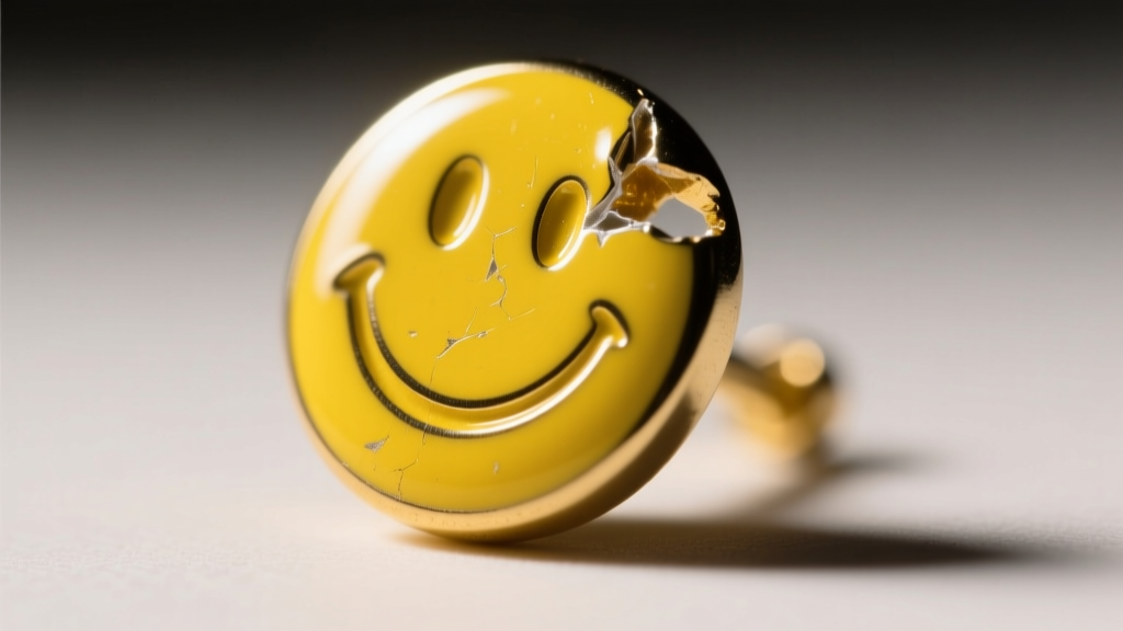 Macro shot of a yellow cold-enamel smiley face stud showing a tiny chip on the edge, illuminated by harsh directional lighting.