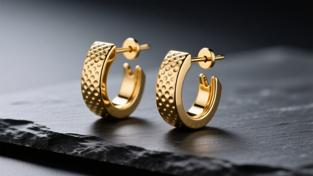 Close-up of 18k gold hammer earrings with matte finish on dark slate, highlighting dimpled texture under soft studio lighting.