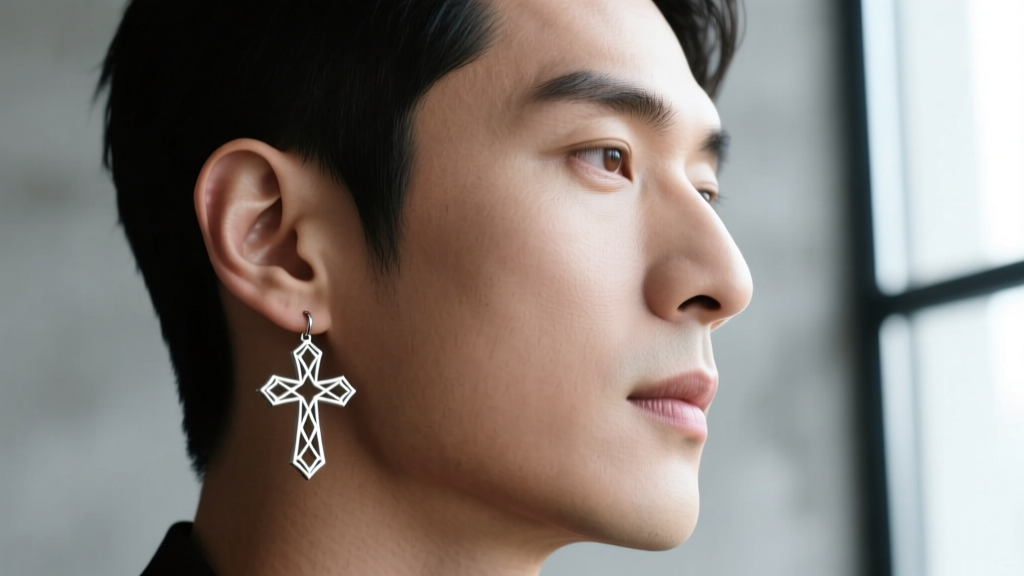 Profile of a man wearing a lightweight hollow-carved silver cross earring, showing the earlobe resting naturally without droop.