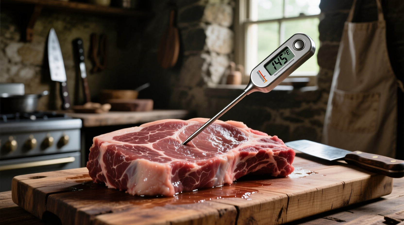 Raw bear meat on butcher block with cooking thermometer