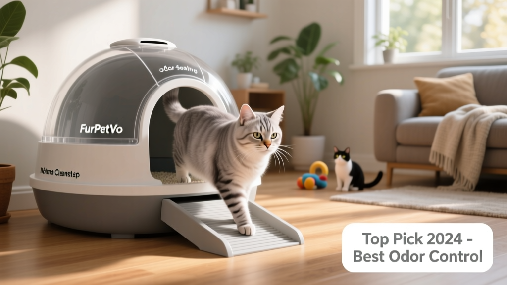 Senior cat comfortably stepping into the FurPetVo Dome Cleanstep litter box via its built-in ramp
