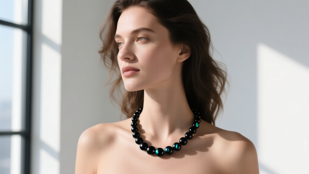 Woman wearing a graduated black tourmaline bead necklace, highlighting ergonomic drape and balanced weight on the collarbone.