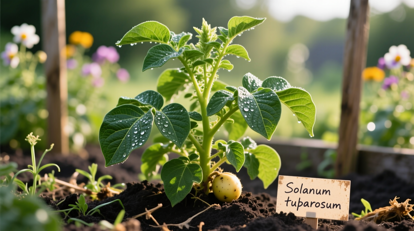 Healthy potato plant with green foliage growing in garden