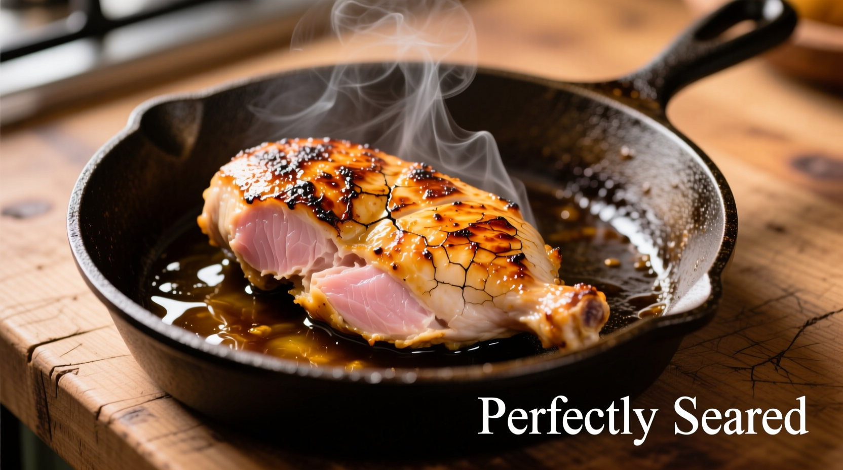 Perfectly seared chicken breast with golden crust in skillet