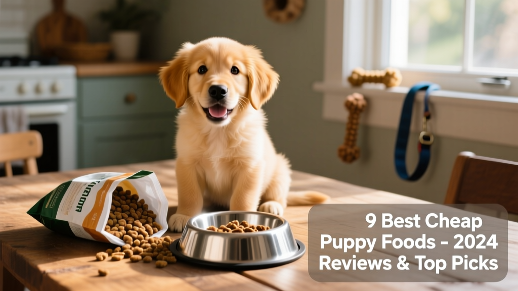 A happy, energetic golden retriever puppy sitting beside an open bag of kibble and a stainless-steel bowl