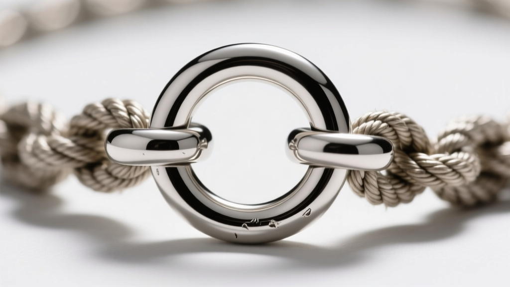 Close-up of a sterling silver toggle clasp showing the T-bar resting securely inside a textured O-ring on a thick rope chain